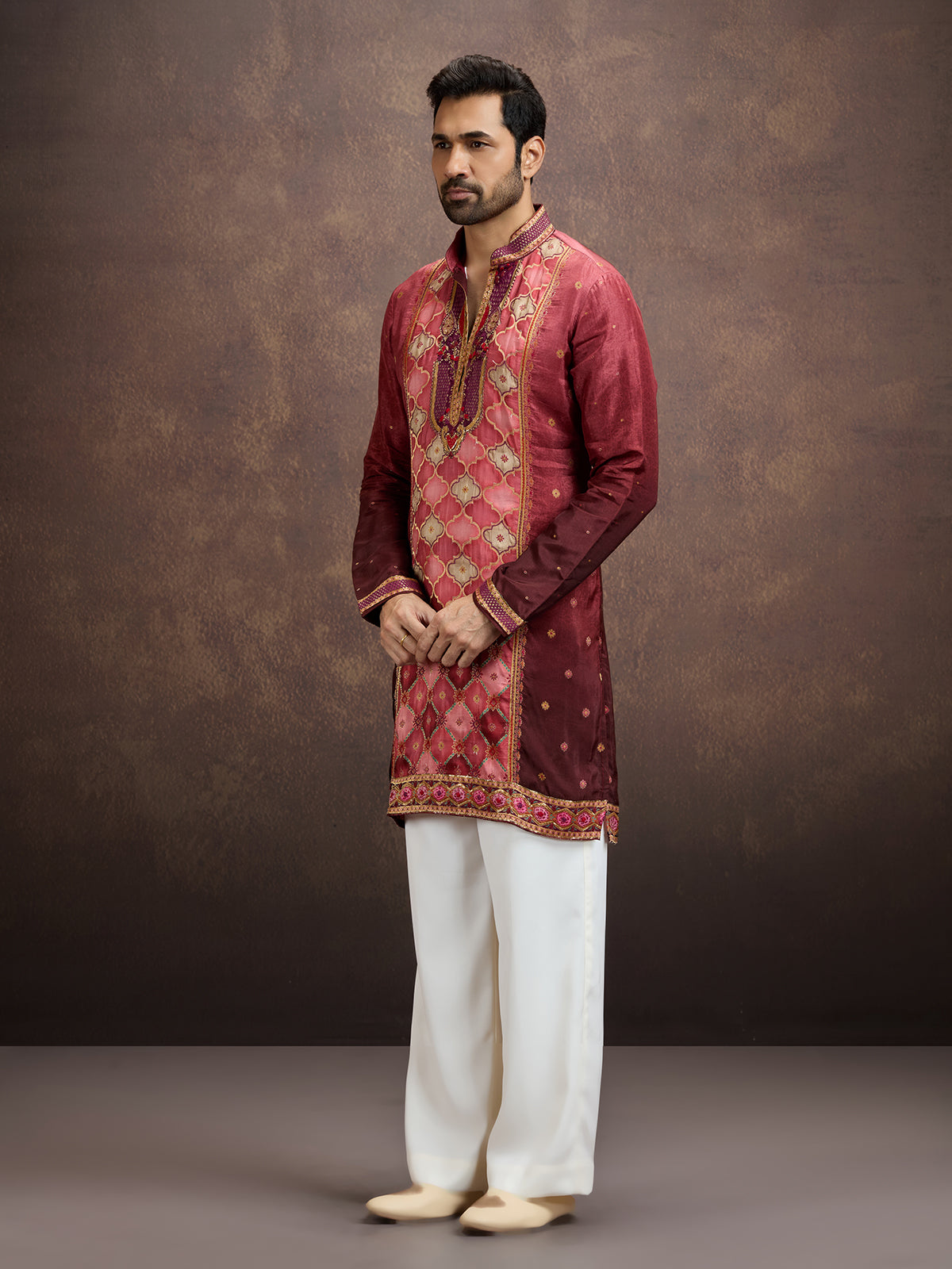 Wine printed embroidered kurta pajama for men