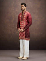 Wine printed embroidered kurta pajama for men