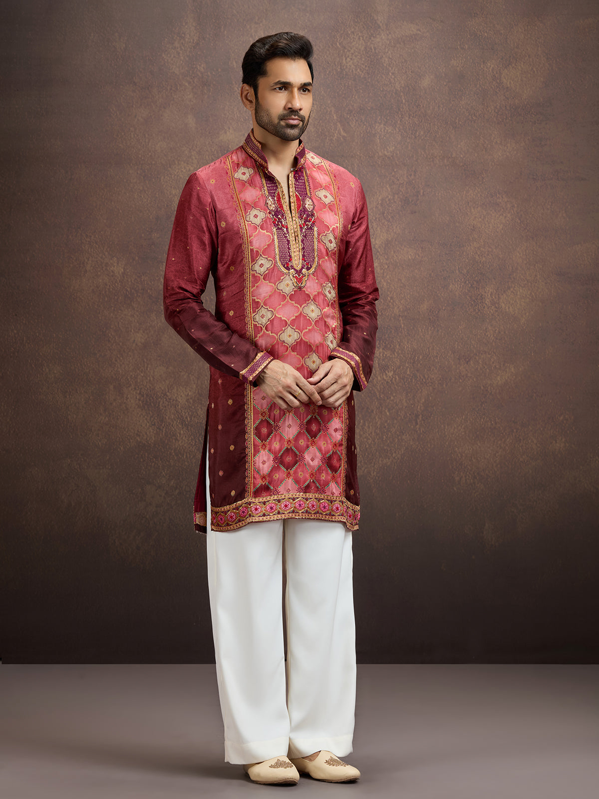 Wine printed embroidered kurta pajama for men
