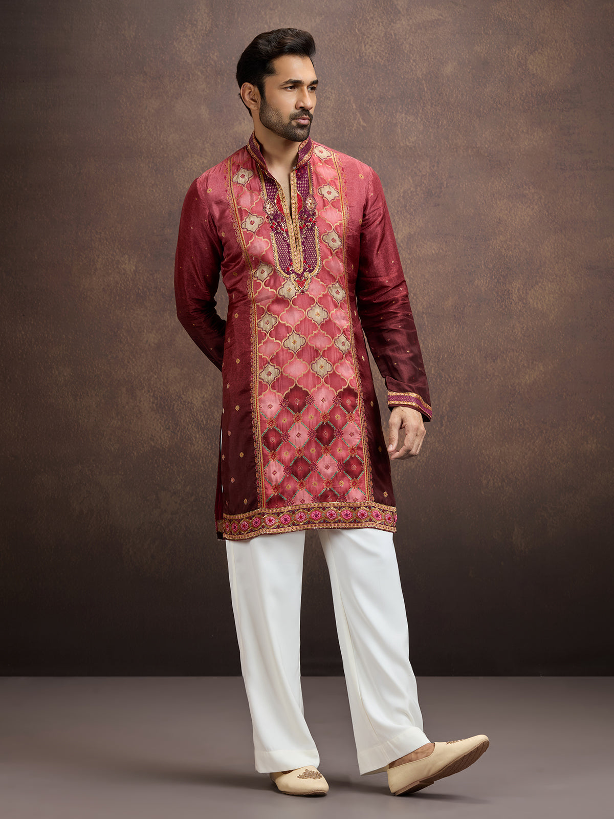 Wine printed embroidered kurta pajama for men