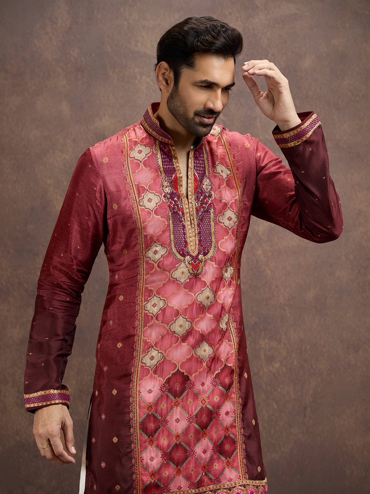 Wine printed embroidered kurta pajama for men
