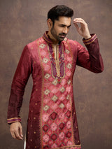 Wine printed embroidered kurta pajama for men