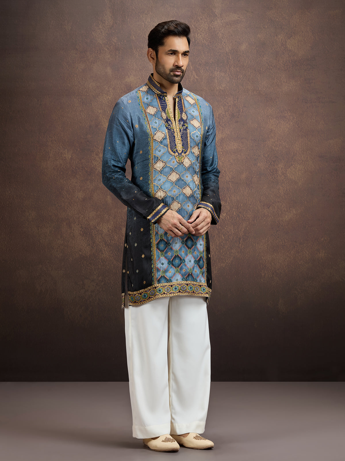Steel blue printed embroidered kurta pajama for men