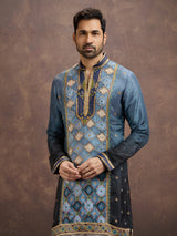 Steel blue printed embroidered kurta pajama for men