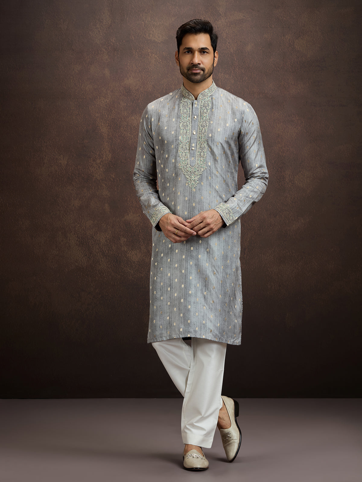 Grey thread zari kurta pajama for men