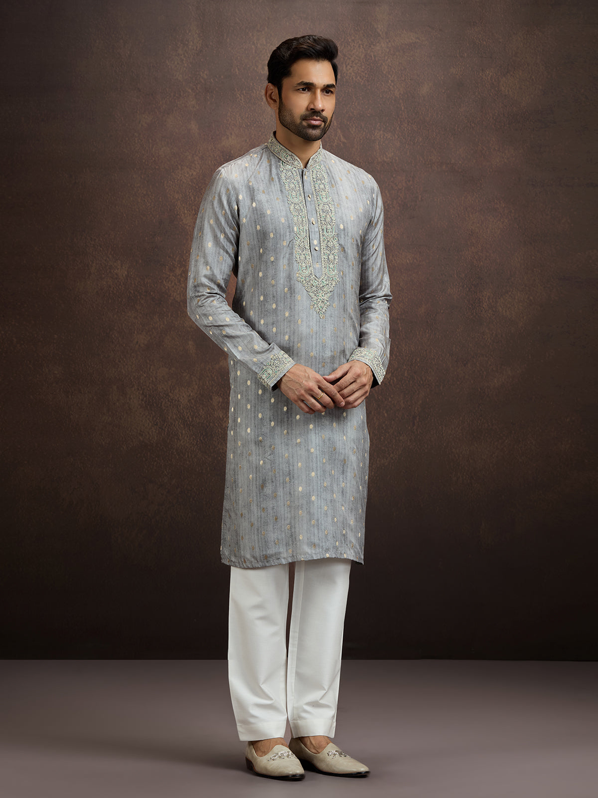 Grey thread zari kurta pajama for men