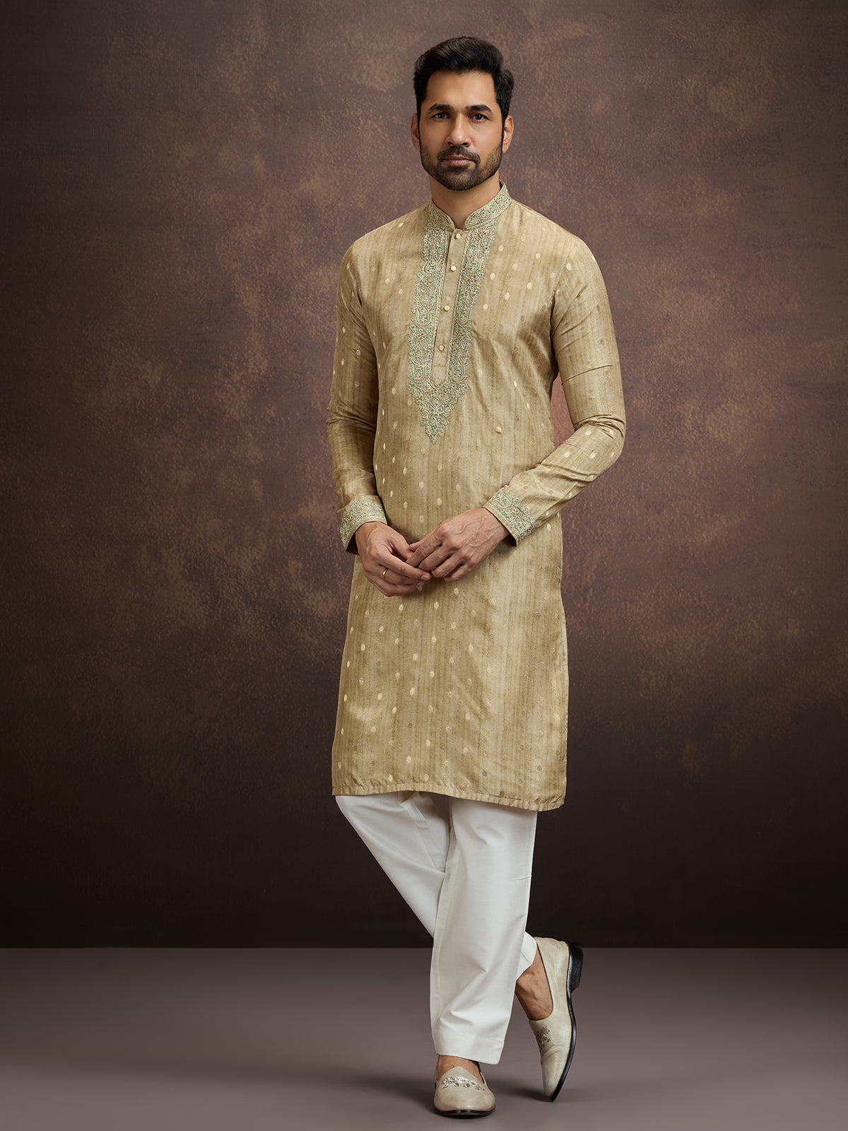 Muted gold thread zari kurta pajama for men