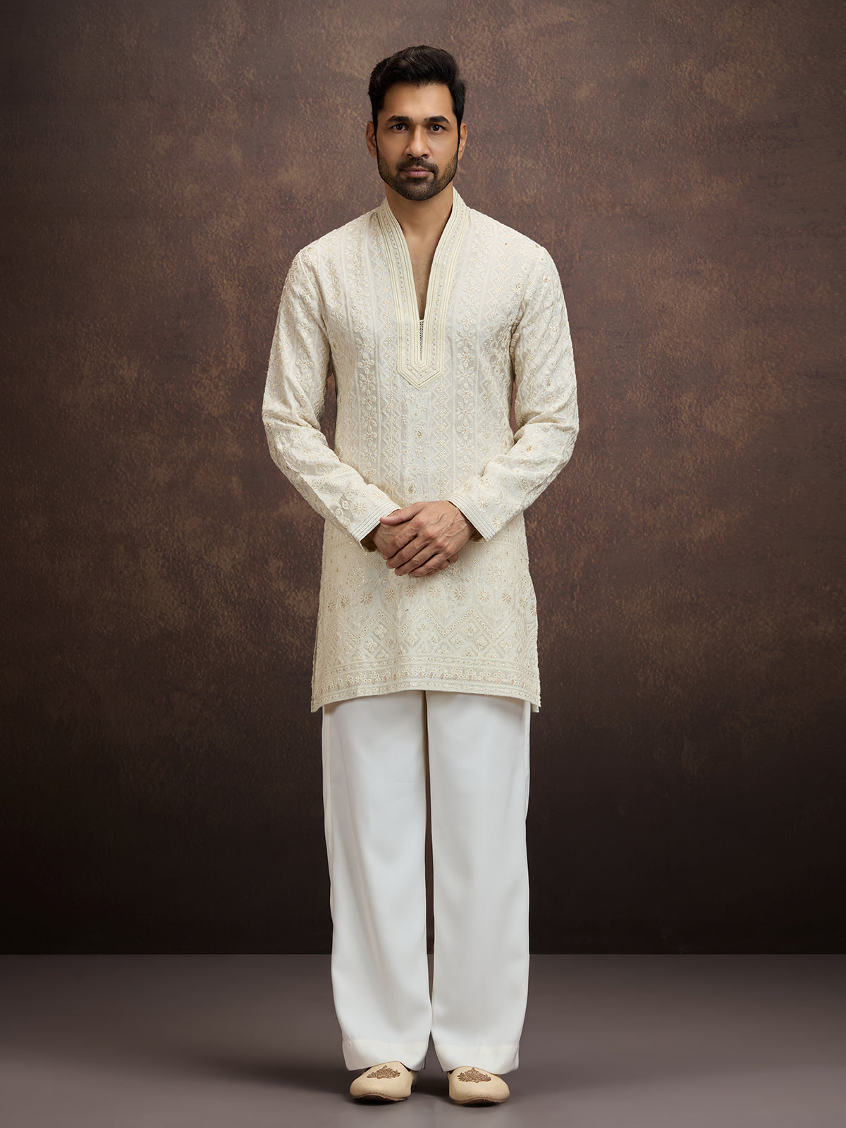 Cream embroidered tissue kurta pajama for men