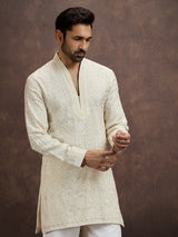 Cream embroidered tissue kurta pajama for men