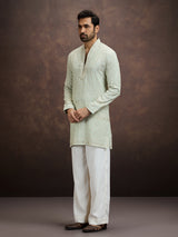 Mint green embroidered tissue kurta pajama for men
