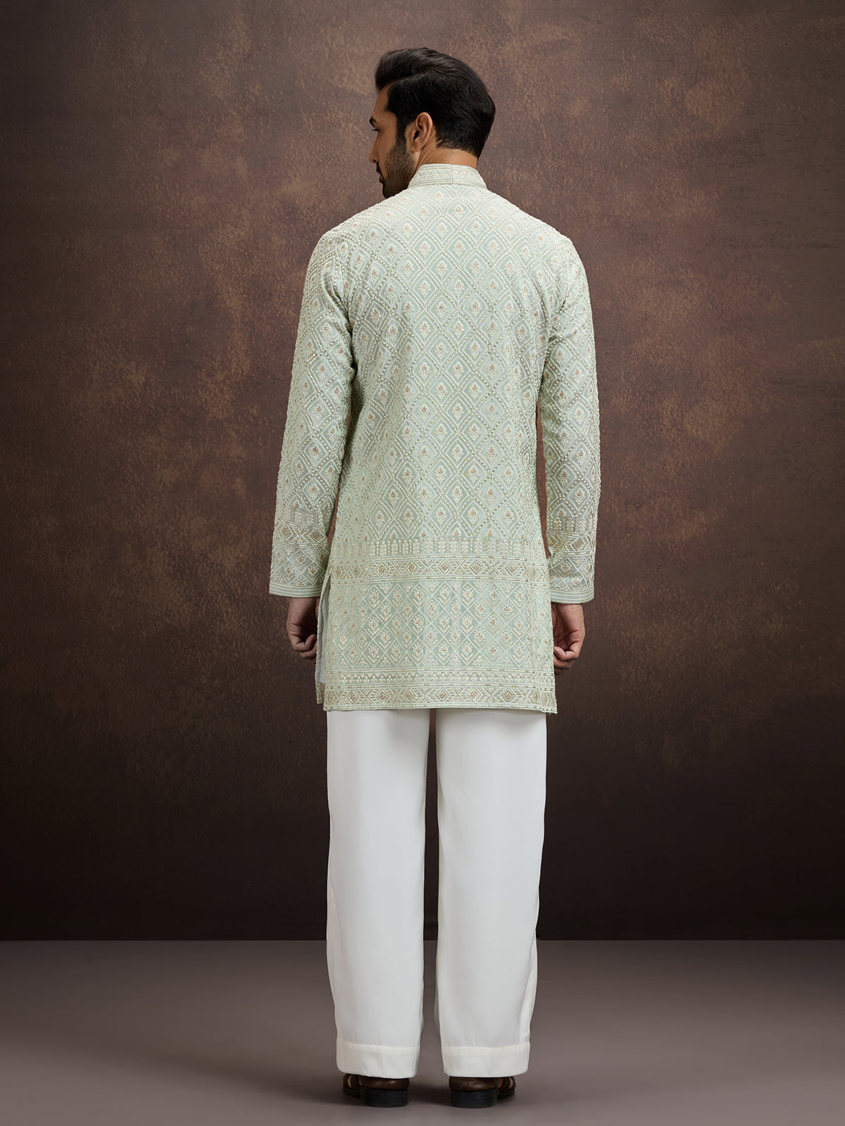Mint green embroidered tissue kurta pajama for men