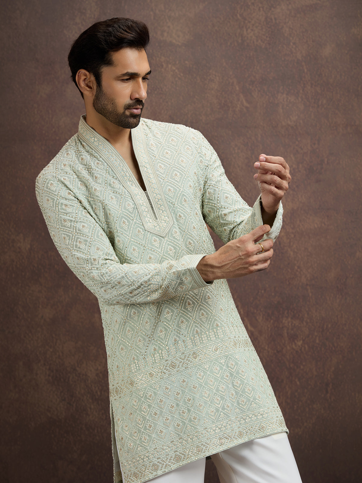 Mint green embroidered tissue kurta pajama for men