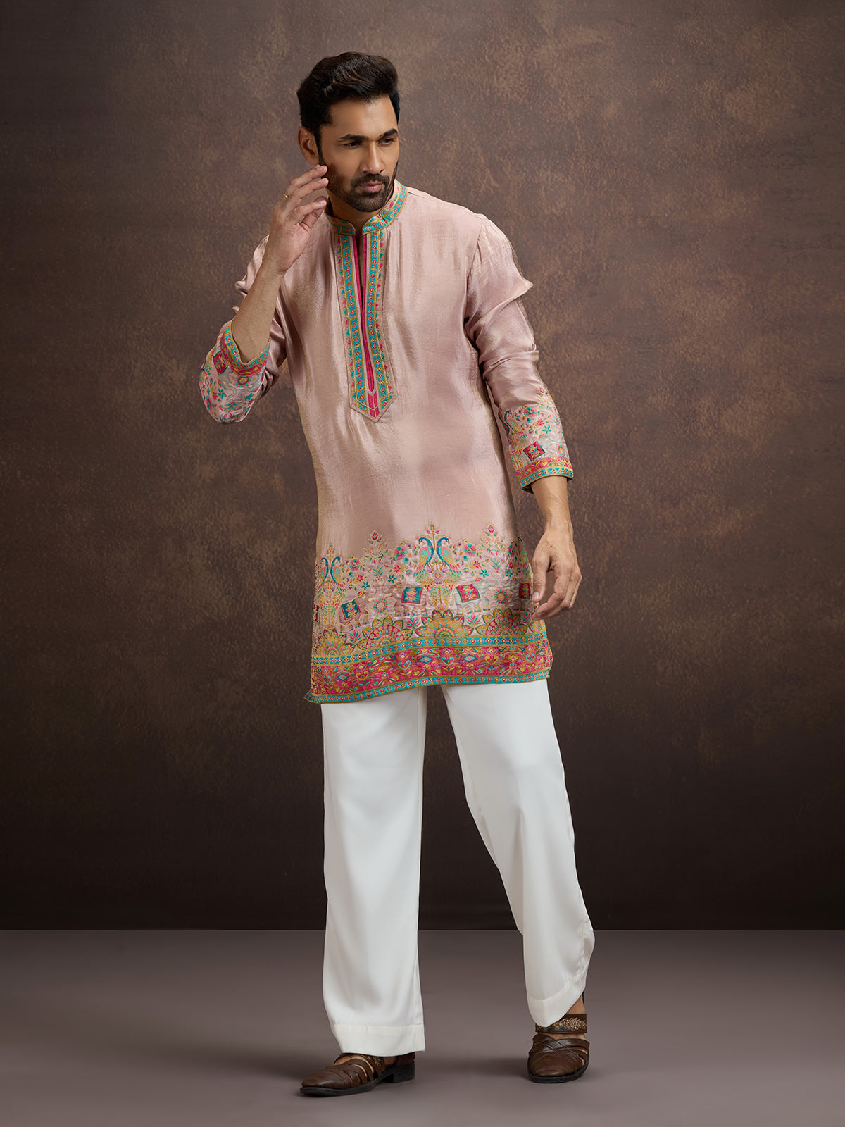 Blush pink pichwai embroidered silk kurta pajama for men