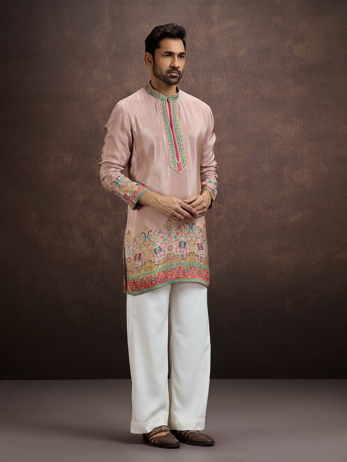 Blush pink pichwai embroidered silk kurta pajama for men