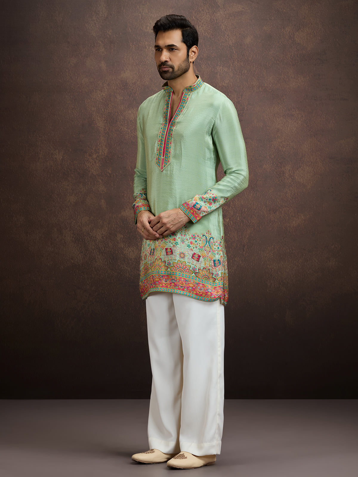 Pista green pichwai embroidered silk kurta pajama for men