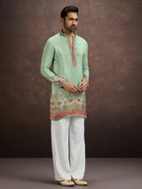 Pista green pichwai embroidered silk kurta pajama for men