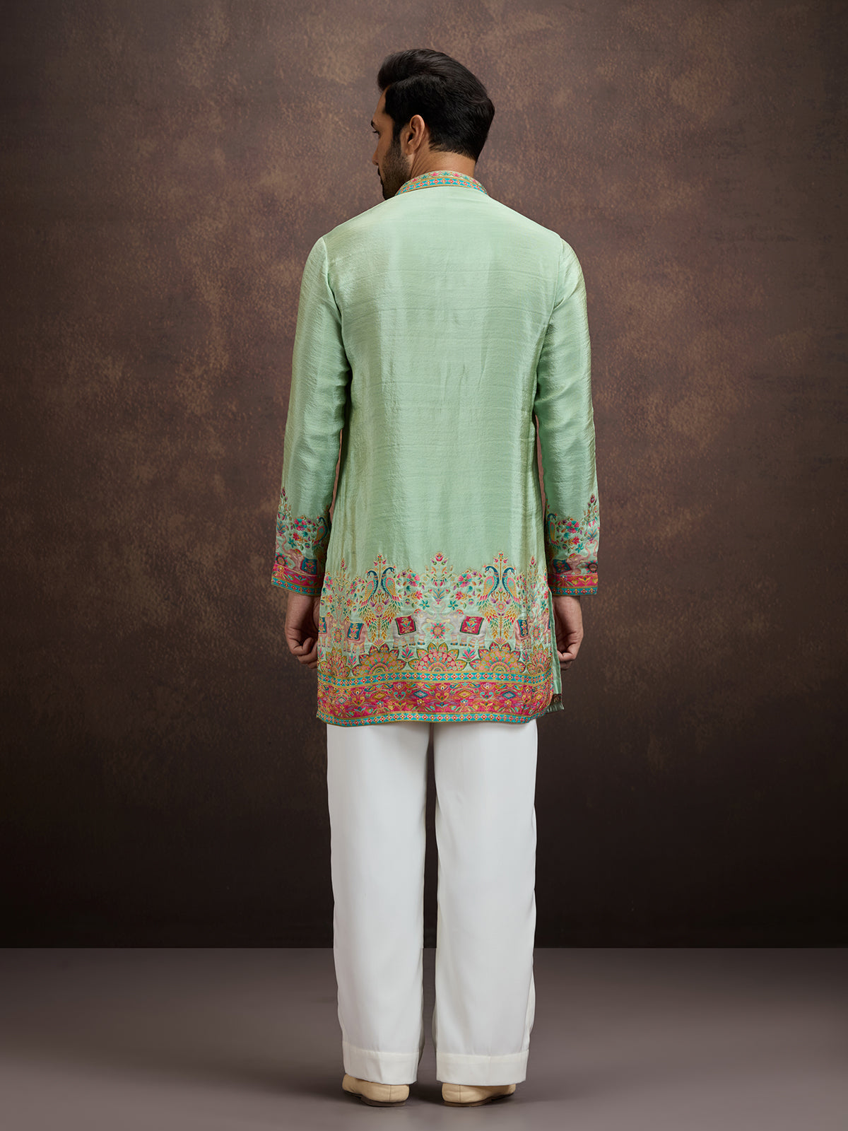 Pista green pichwai embroidered silk kurta pajama for men