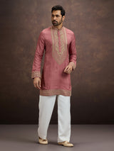 Pink zardosi paisley embroidered silk kurta pajama for men