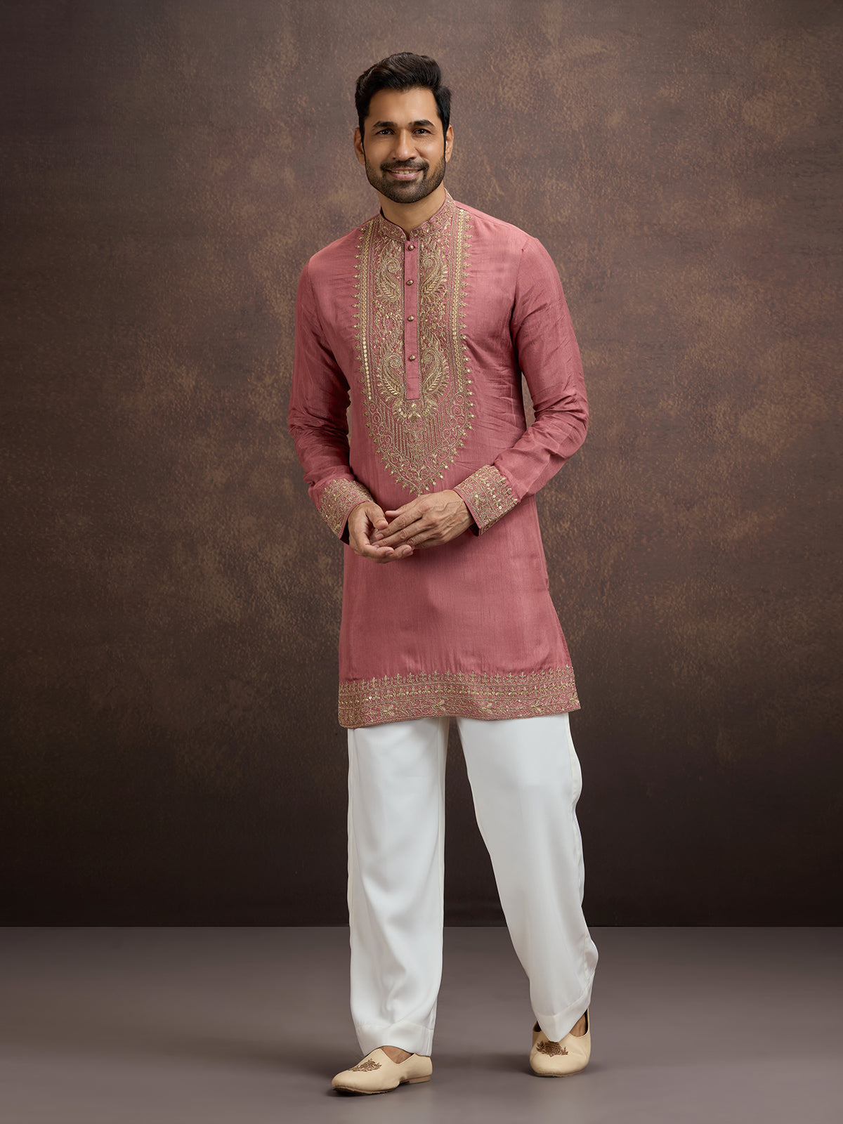 Pink zardosi paisley embroidered silk kurta pajama for men