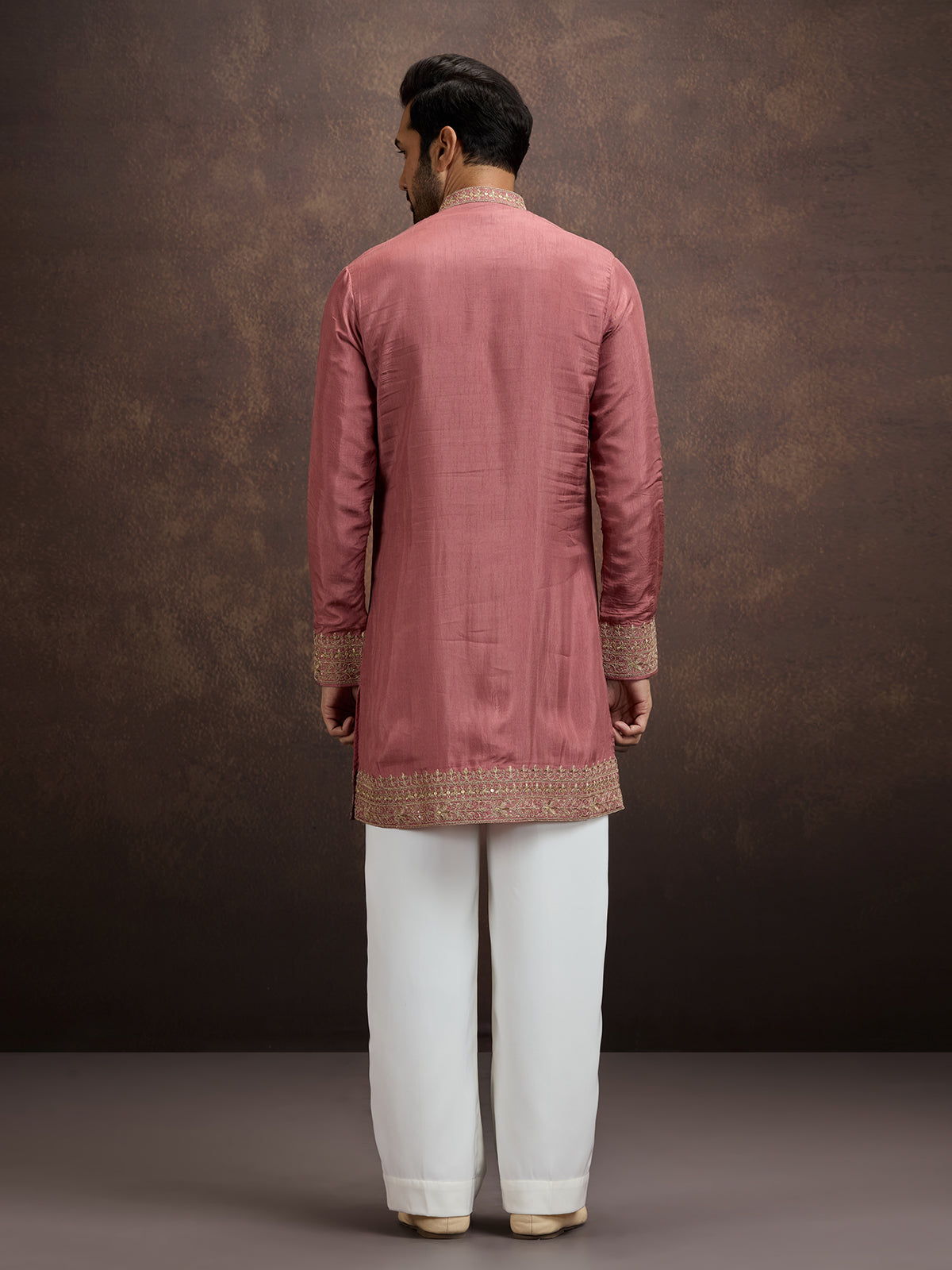Pink zardosi paisley embroidered silk kurta pajama for men