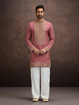 Pink zardosi paisley embroidered silk kurta pajama for men