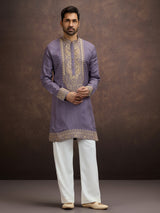 Dusty purple zardosi paisley embroidered silk kurta pajama for men