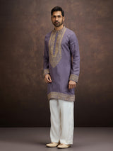 Dusty purple zardosi paisley embroidered silk kurta pajama for men