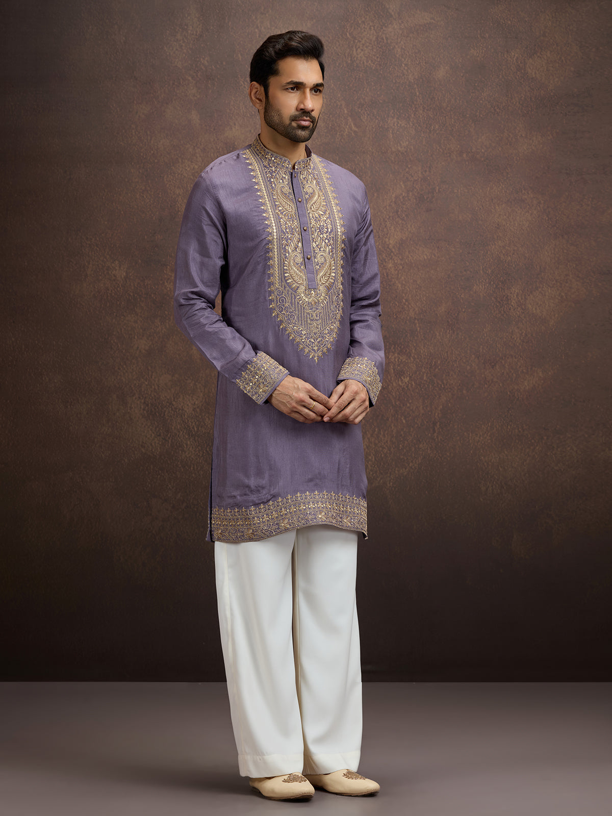 Dusty purple zardosi paisley embroidered silk kurta pajama for men