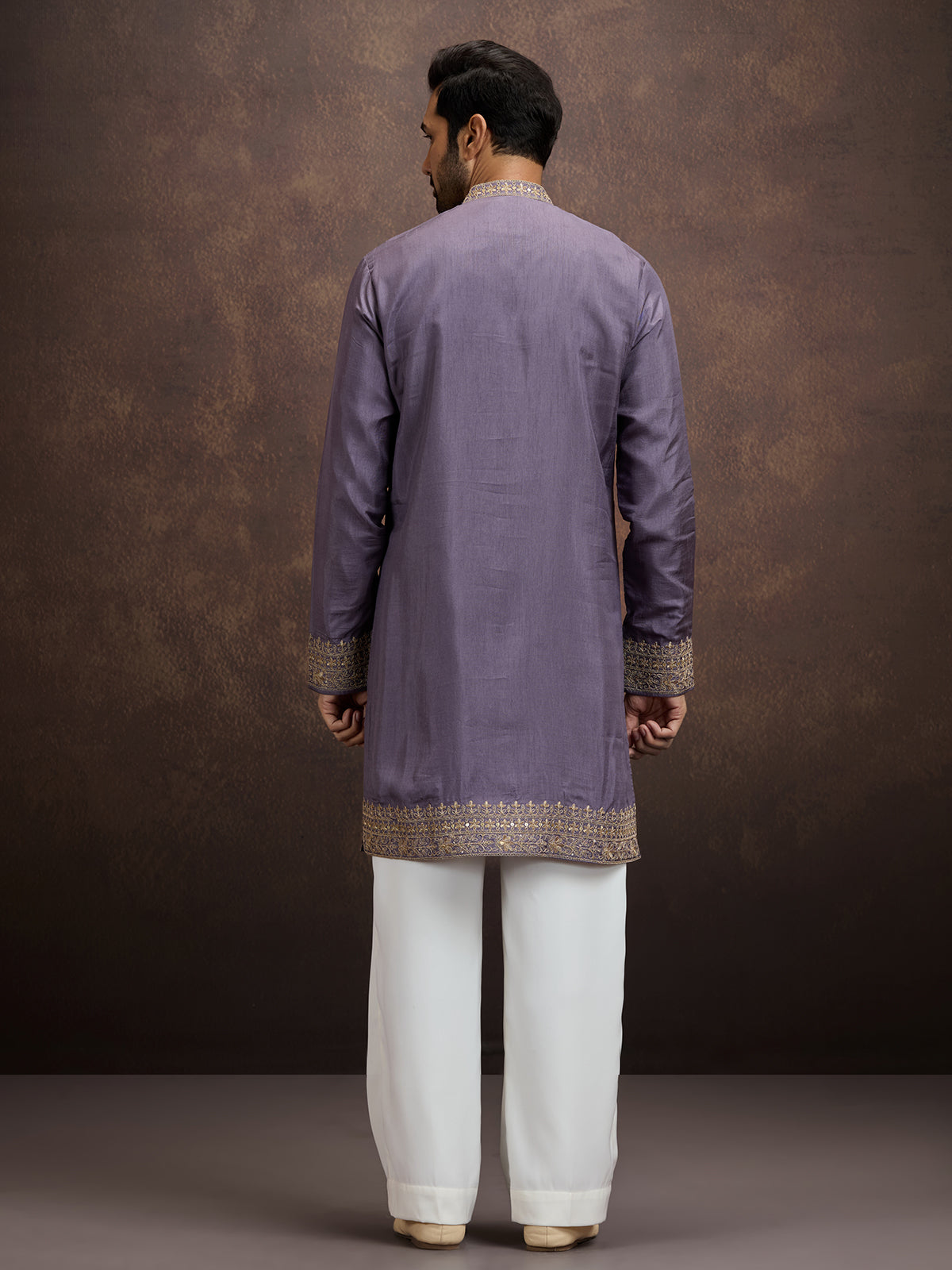 Dusty purple zardosi paisley embroidered silk kurta pajama for men