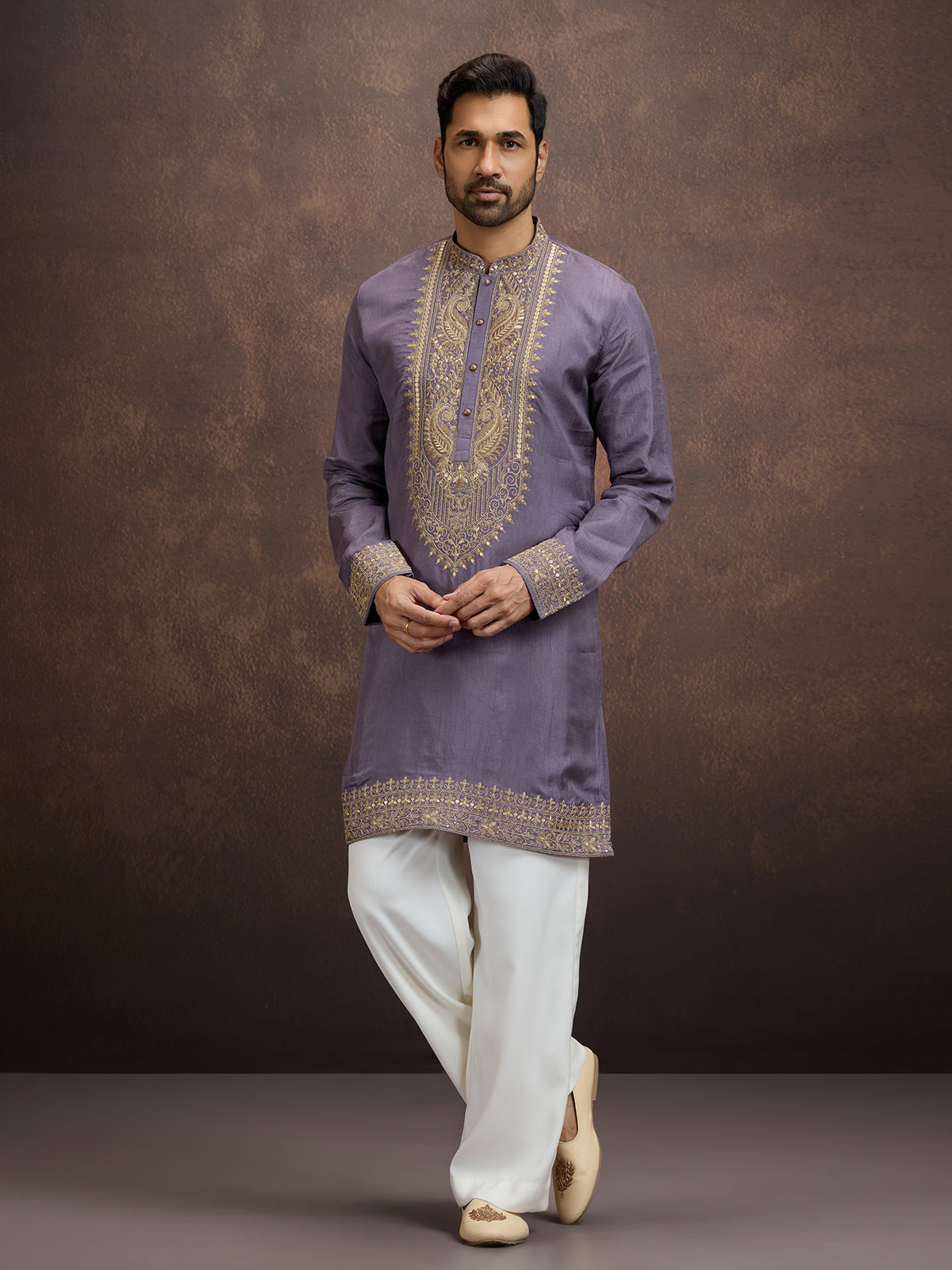 Dusty purple zardosi paisley embroidered silk kurta pajama for men