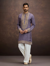 Dusty purple zardosi paisley embroidered silk kurta pajama for men