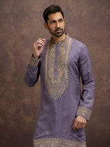 Dusty purple zardosi paisley embroidered silk kurta pajama for men