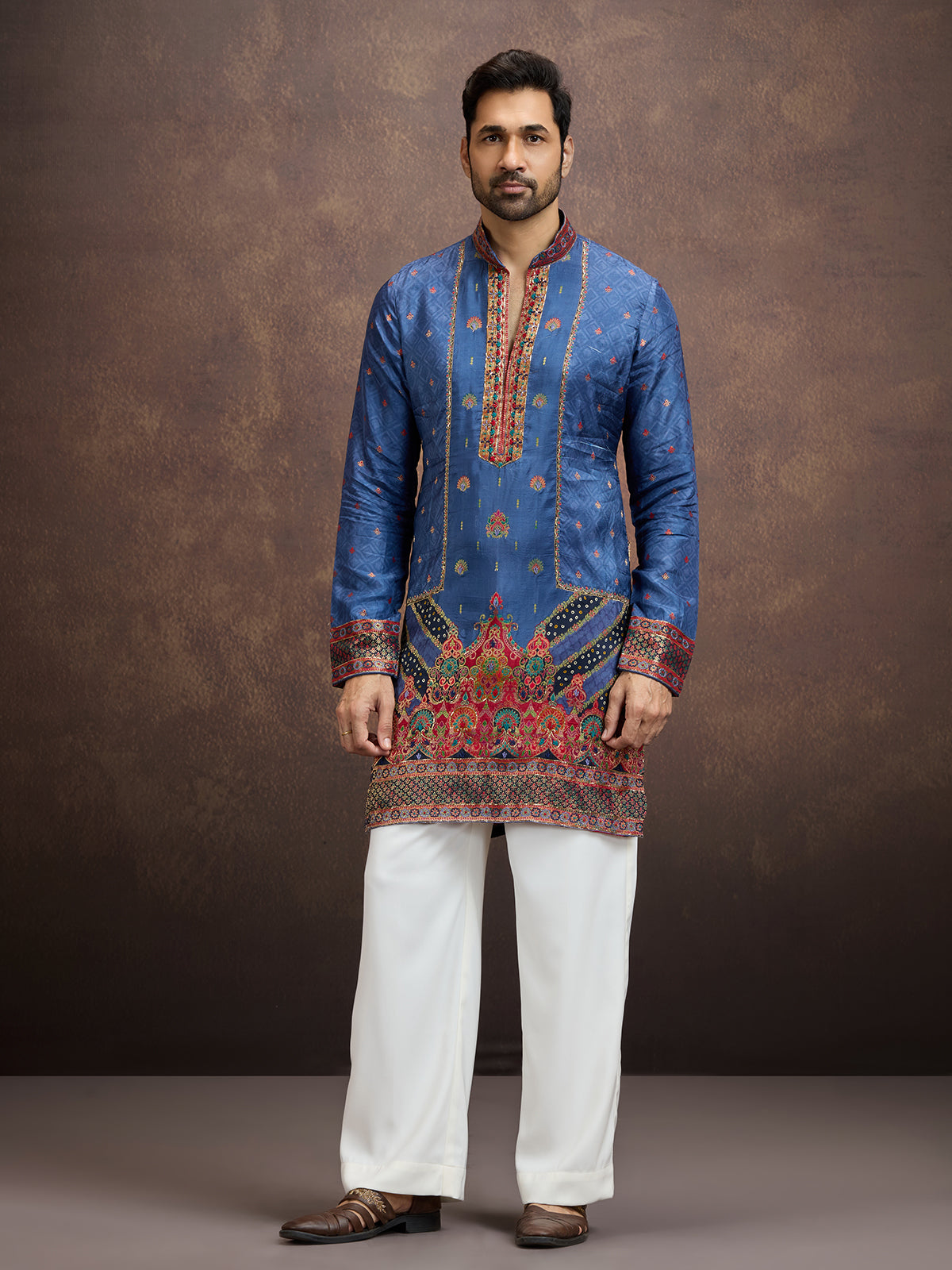 Blue gota embroidered silk kurta pajama for men