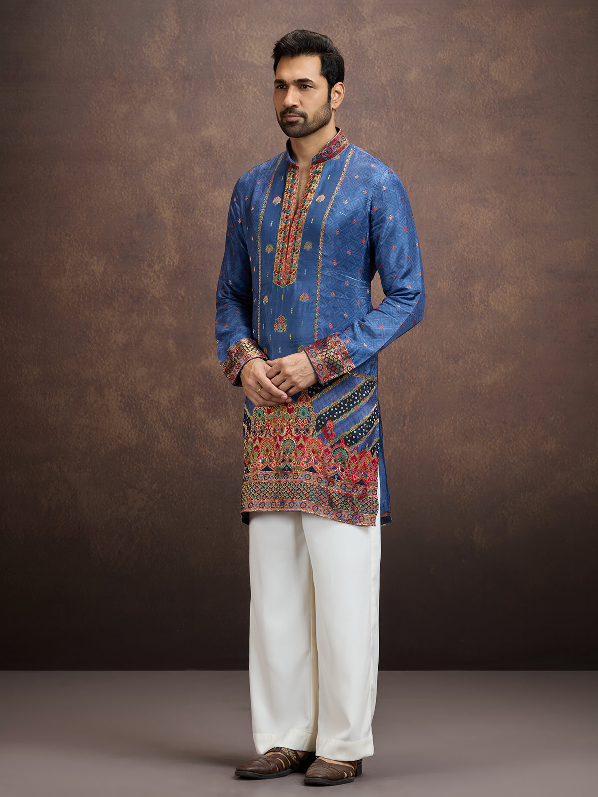 Blue gota embroidered silk kurta pajama for men