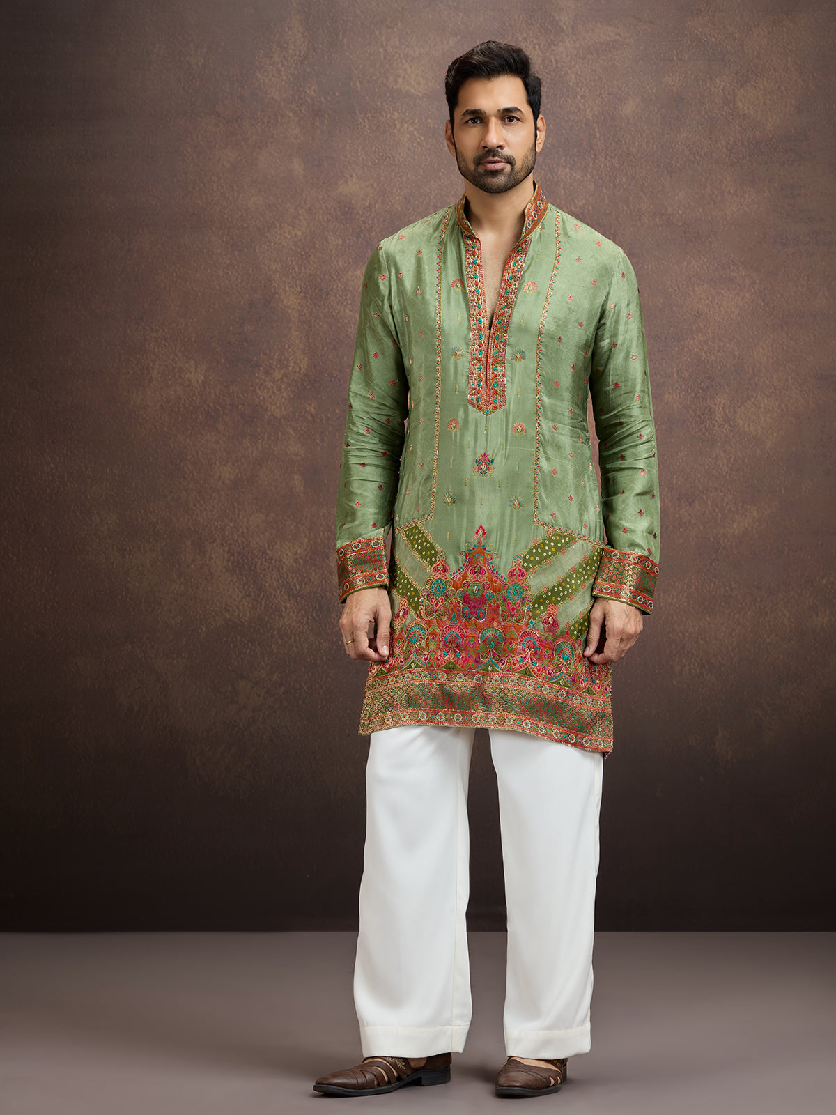 Sage green gota embroidered silk kurta pajama for men