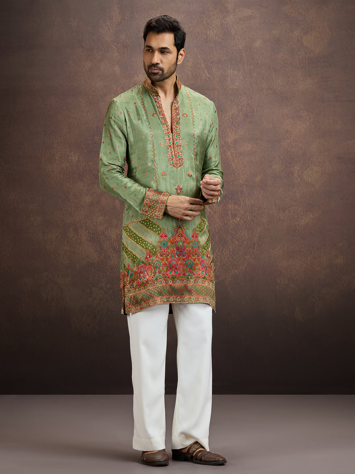 Sage green gota embroidered silk kurta pajama for men