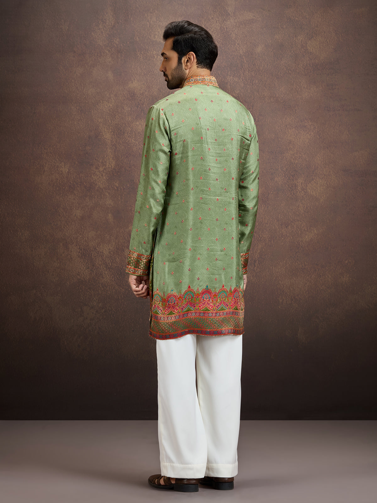 Sage green gota embroidered silk kurta pajama for men