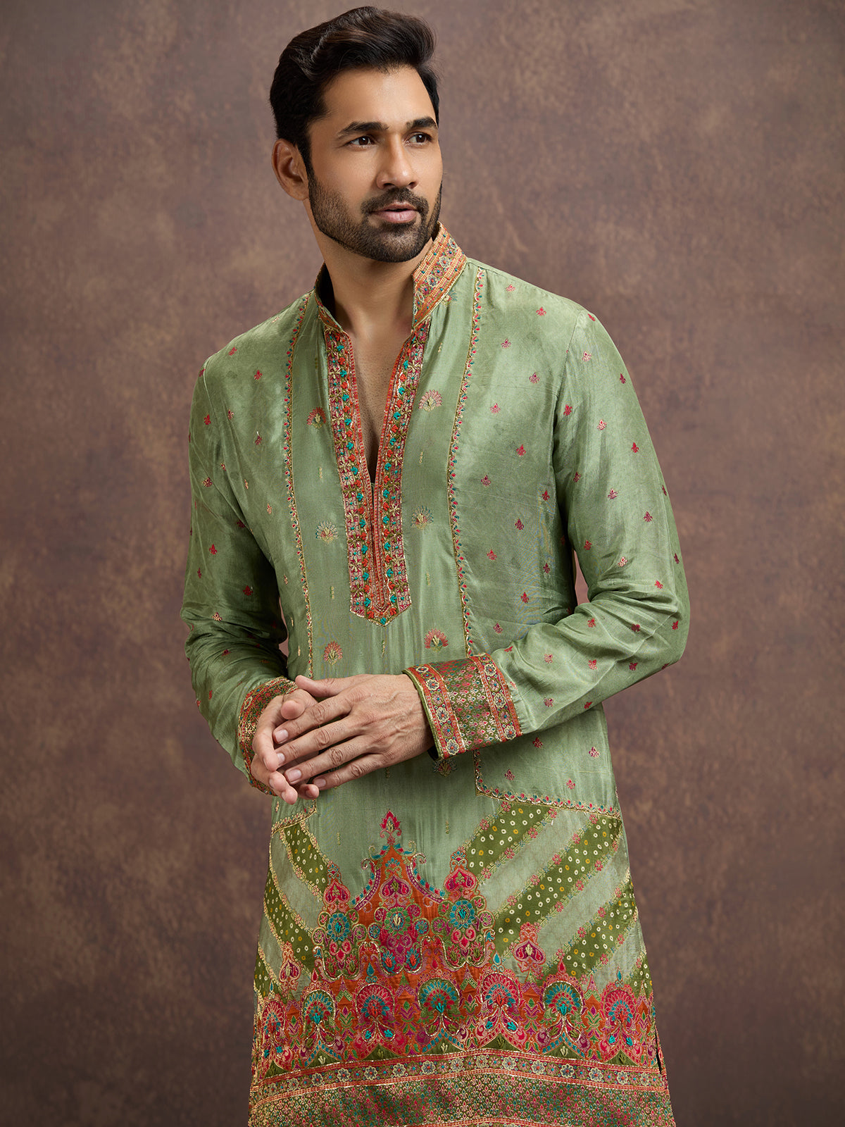 Sage green gota embroidered silk kurta pajama for men