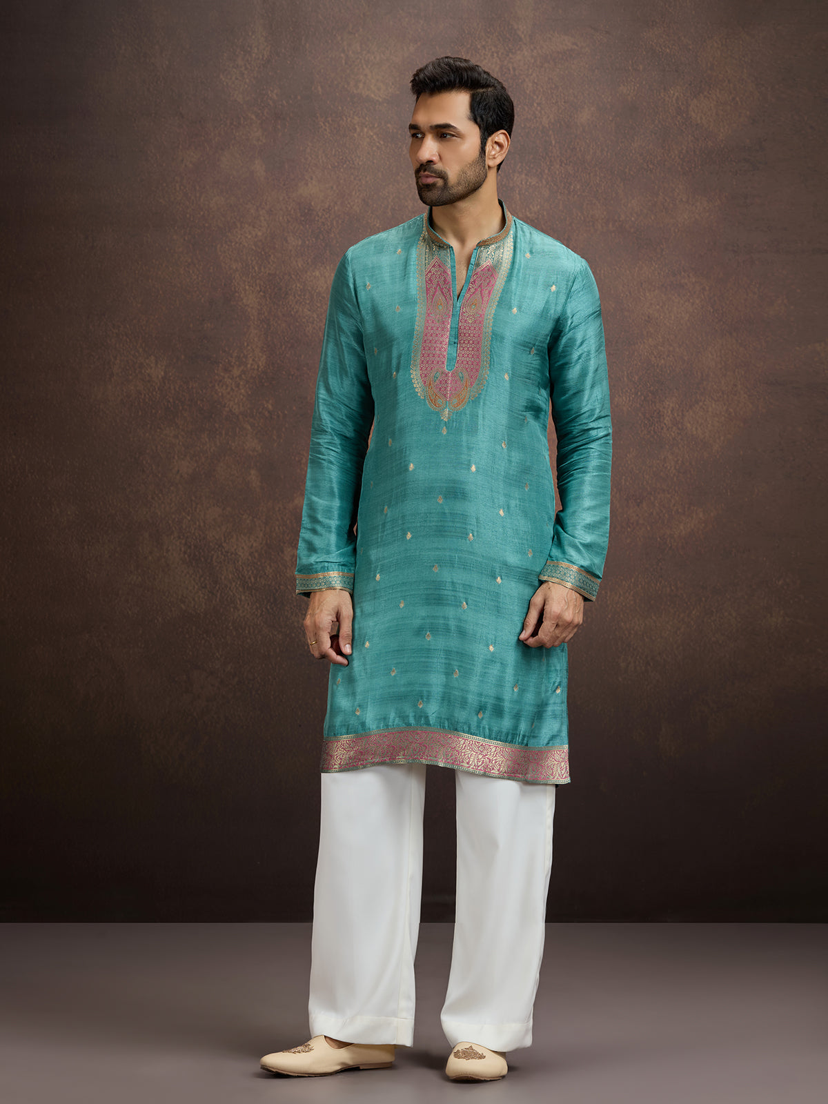 Blue paisley kurta pajama with dupatta for men