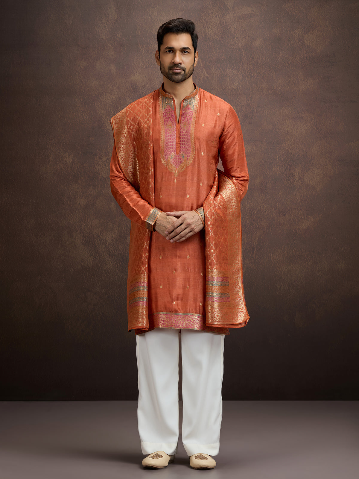 Rust orange paisley kurta pajama with dupatta