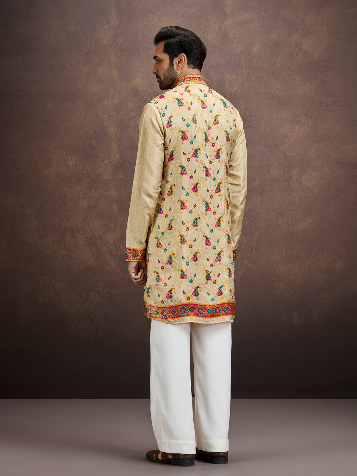 Light gold kalamkari printed kurta pajama for men
