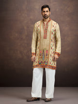 Light gold kalamkari printed kurta pajama for men