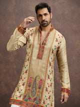 Light gold kalamkari printed kurta pajama for men