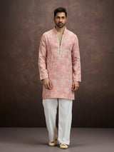 Peach floral embroidered linen kurta pajama for men