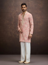 Peach floral embroidered linen kurta pajama for men