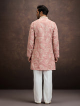 Peach floral embroidered linen kurta pajama for men