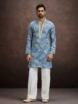 Dusty blue floral embroidered linen kurta pajama for men