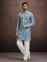 Dusty blue floral embroidered linen kurta pajama for men