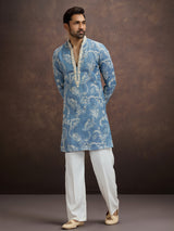 Dusty blue floral embroidered linen kurta pajama for men