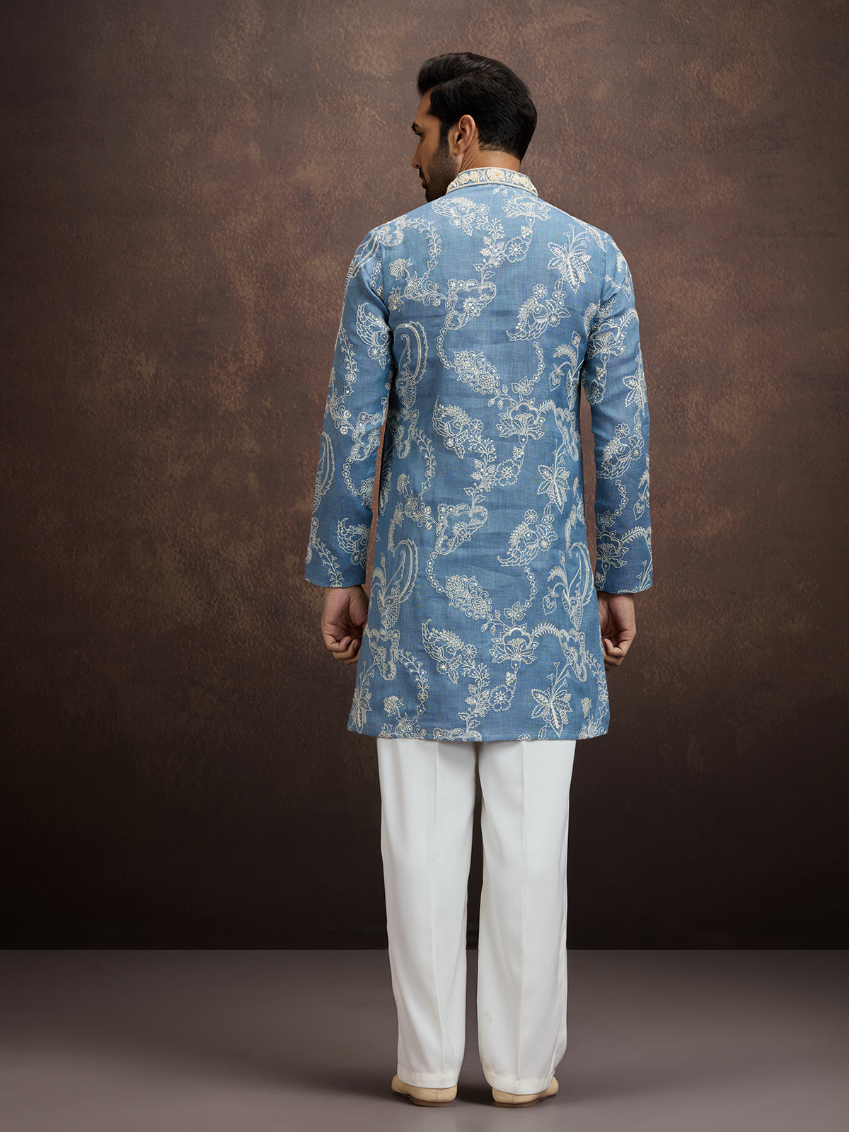 Dusty blue floral embroidered linen kurta pajama for men